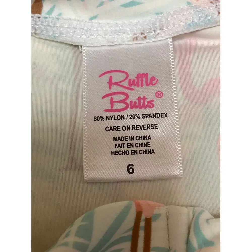 Ruffle Butts Multicolor Flamingo Tropical Long Sleeve Swimwear Rash Guard Size 6